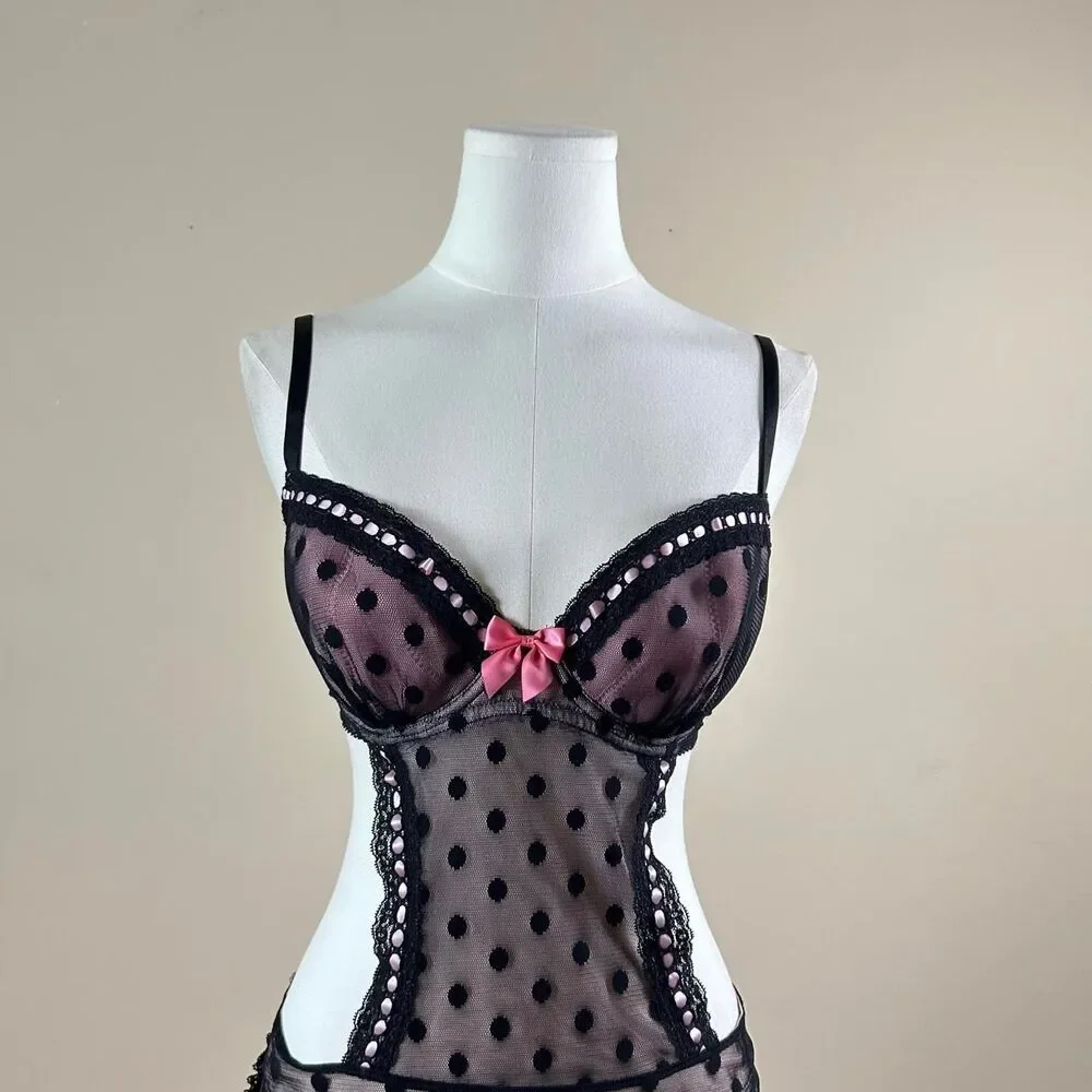 Sexy Little Things Coquette Black and Pink Polka Dot Maid Slip